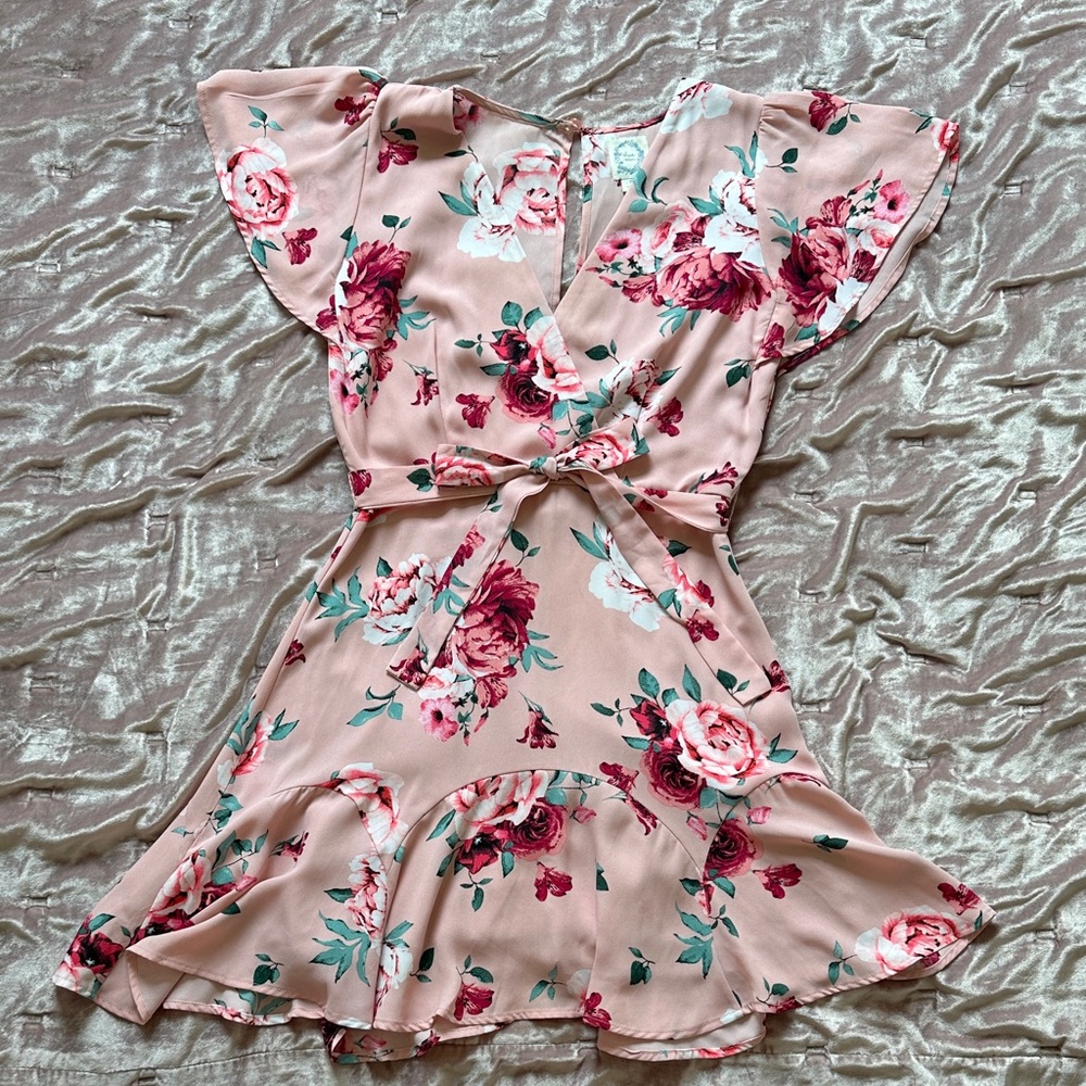 Blue Rain Floral Peach Mini Dress